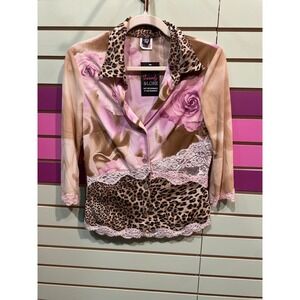 TD4 floral rose leopard lace trim button up blouse shirt women's sm romantic 90s